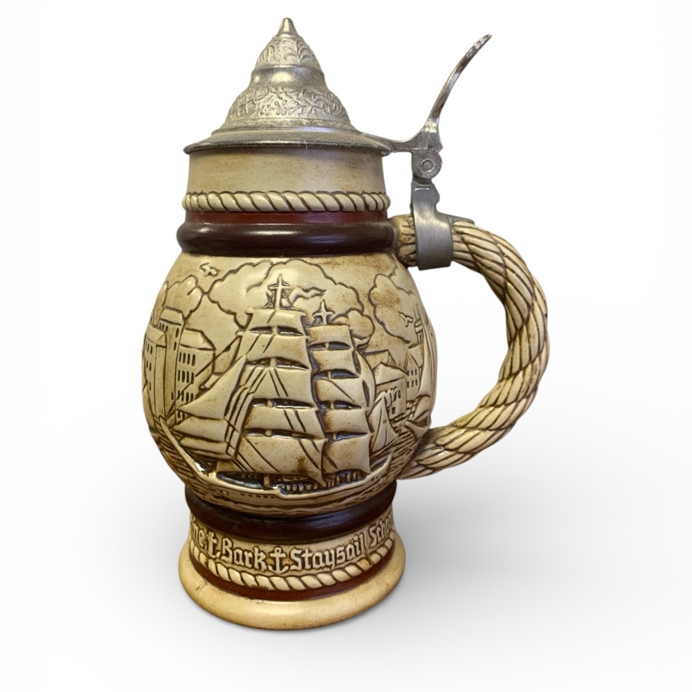 Vintage Avon 1977 Nautical Ship Beer Stein Ceramarte Brazil Pewter Lid 8.5”